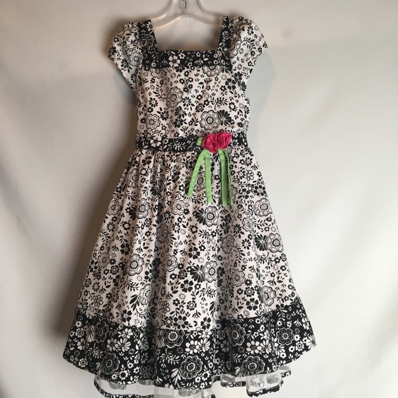 Jona Michelle Dress Girls Size 6 Black & White Capped Sleeve Floral Print Church - Picture 9 of 9